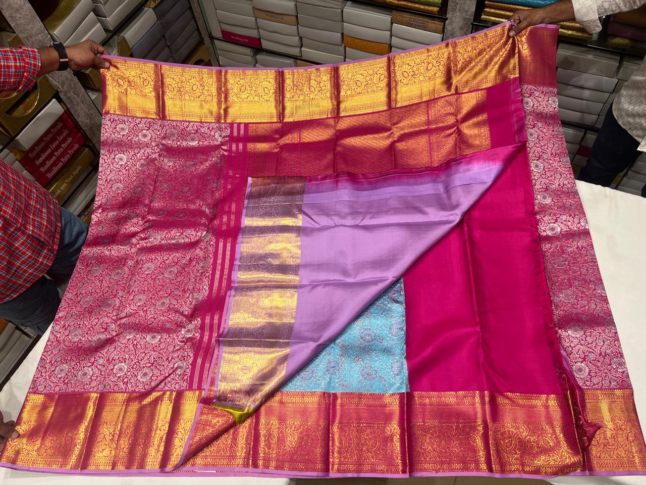 Pink Kanchipuram Silk Saree with Silver Zari Floral Motifs & Golden Border - Image 5