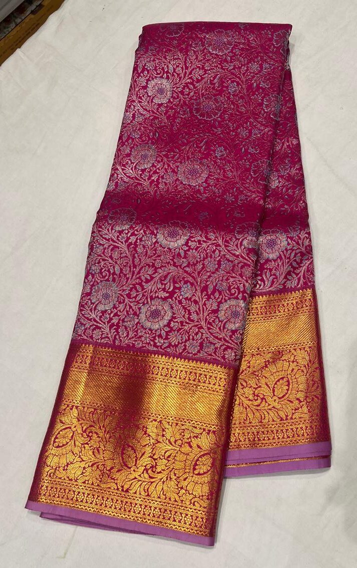 Pink Kanchipuram Silk Saree with Silver Zari Floral Motifs & Golden Border - Image 3