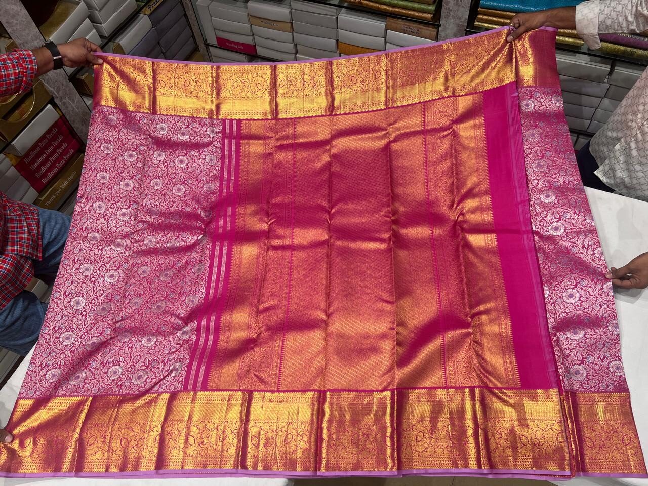 Pink Kanchipuram Silk Saree with Silver Zari Floral Motifs & Golden Border