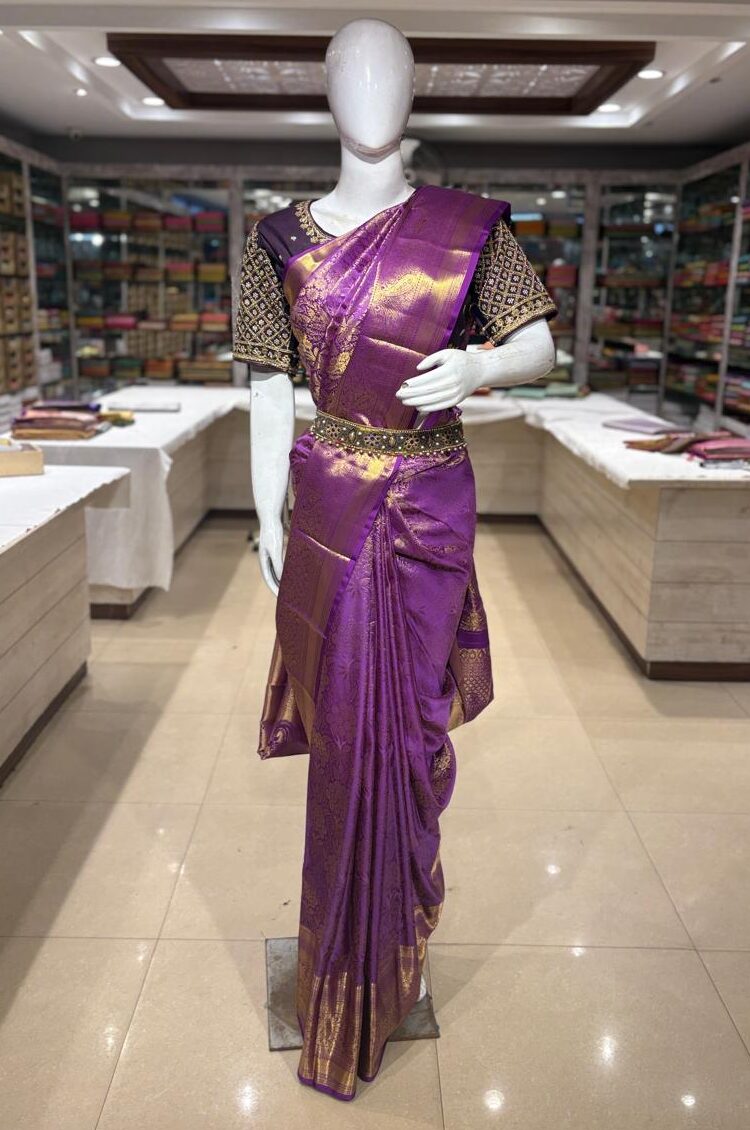 Royal Purple Kanchipuram Silk Saree with Rich Golden Zari Weaving & Paisley Motifs