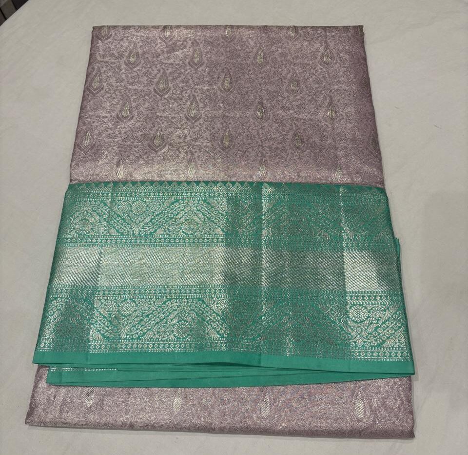 Elegant Mint Green & Lavender Kanjivaram Silk Saree with Silver Zari Butta and Intricate Border - Image 2