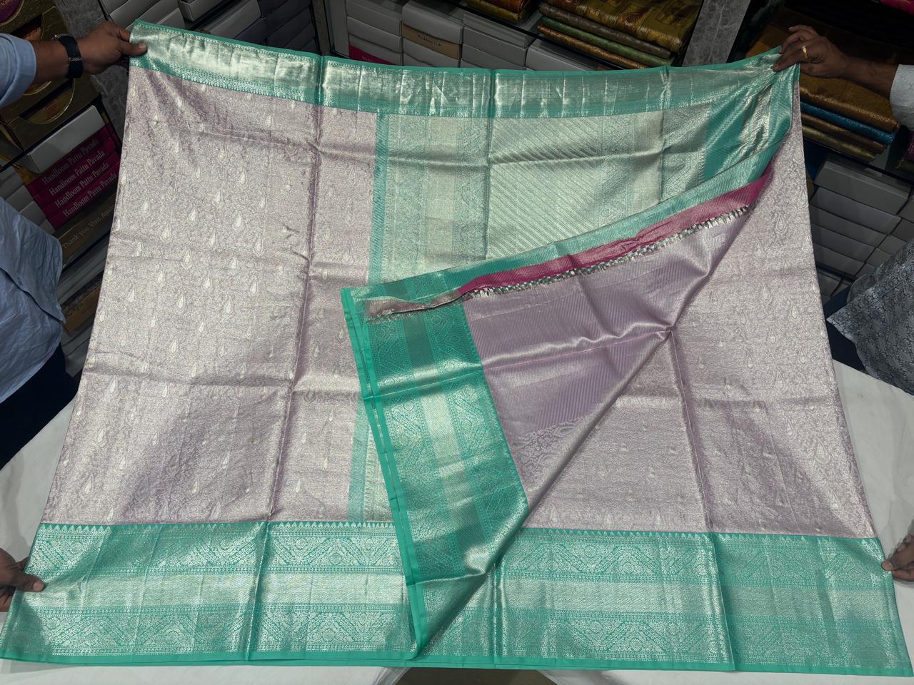 Elegant Mint Green & Lavender Kanjivaram Silk Saree with Silver Zari Butta and Intricate Border - Image 4