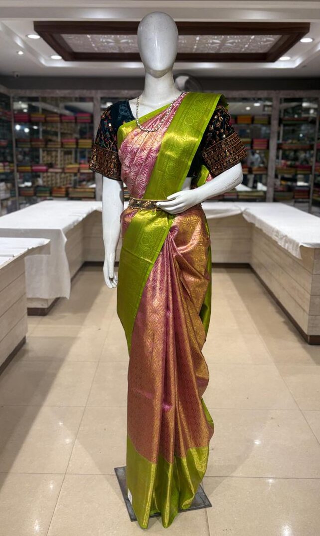 Traditional Green & Peach Kanjivaram Silk Saree with Golden Zari Floral Weaving