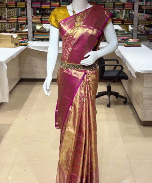 Royal Golden Kanchipuram Silk Saree with Contrast Pink Zari Border & Traditional Weaving