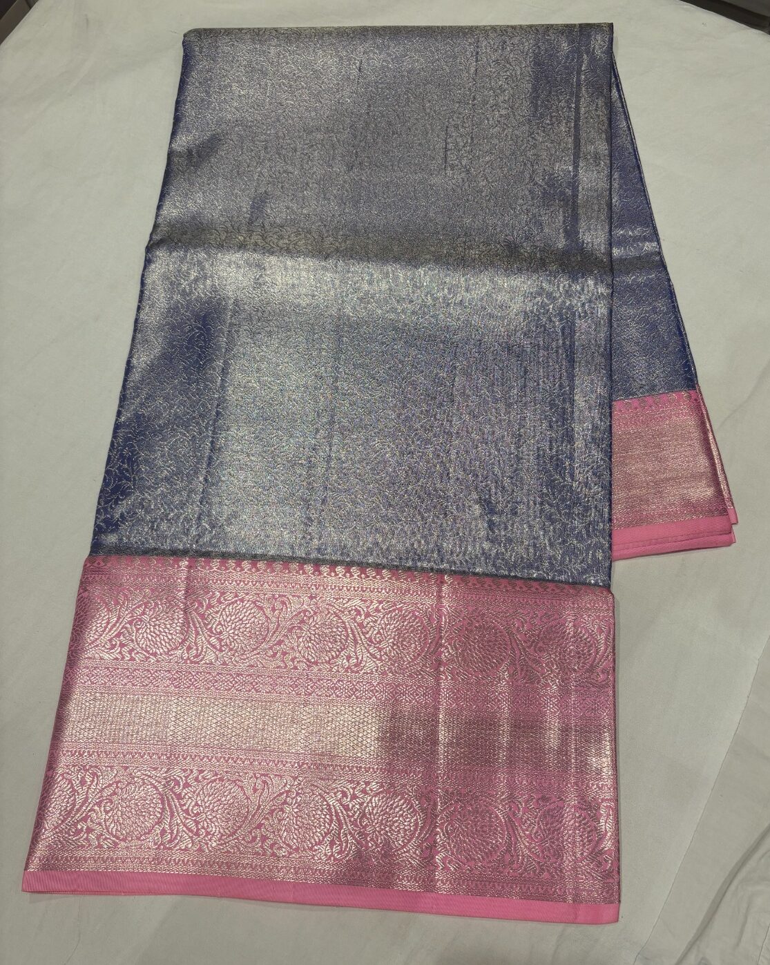 Metallic Grey Kanjivaram Silk Saree with Rani Pink Zari Border - Image 3