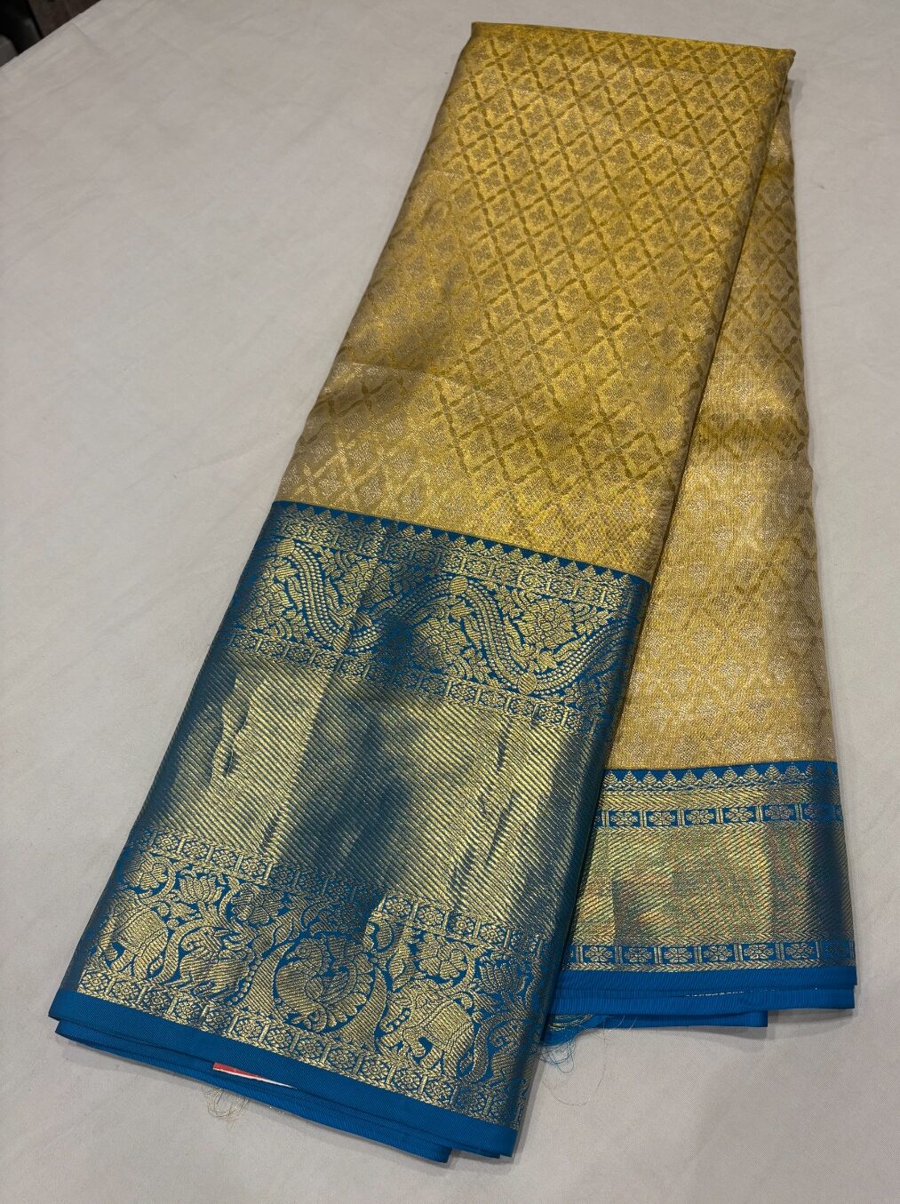 Classic Gold & Beige Pure Silk Saree with Royal Blue Border - Image 3