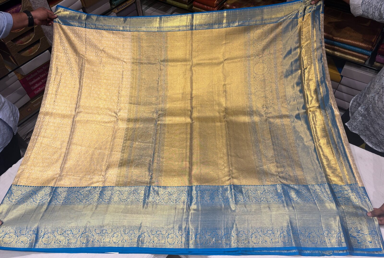 Classic Gold & Beige Pure Silk Saree with Royal Blue Border - Image 4
