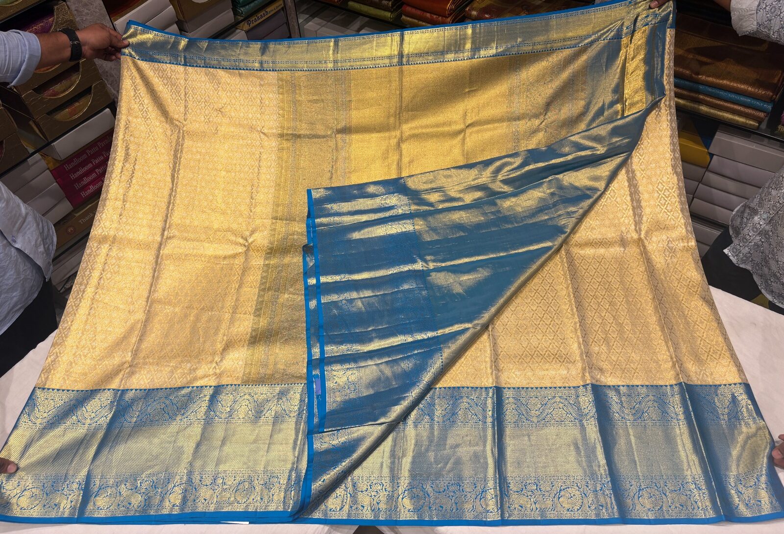 Classic Gold & Beige Pure Silk Saree with Royal Blue Border - Image 5