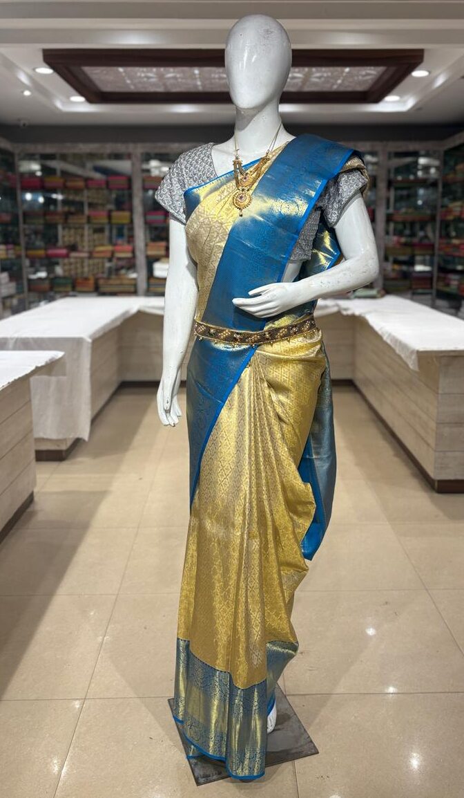 Classic Gold & Beige Pure Silk Saree with Royal Blue Border