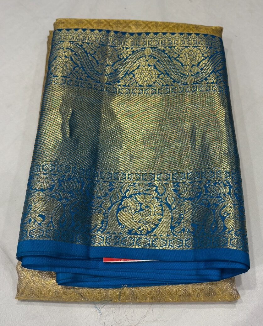 Classic Gold & Beige Pure Silk Saree with Royal Blue Border - Image 2