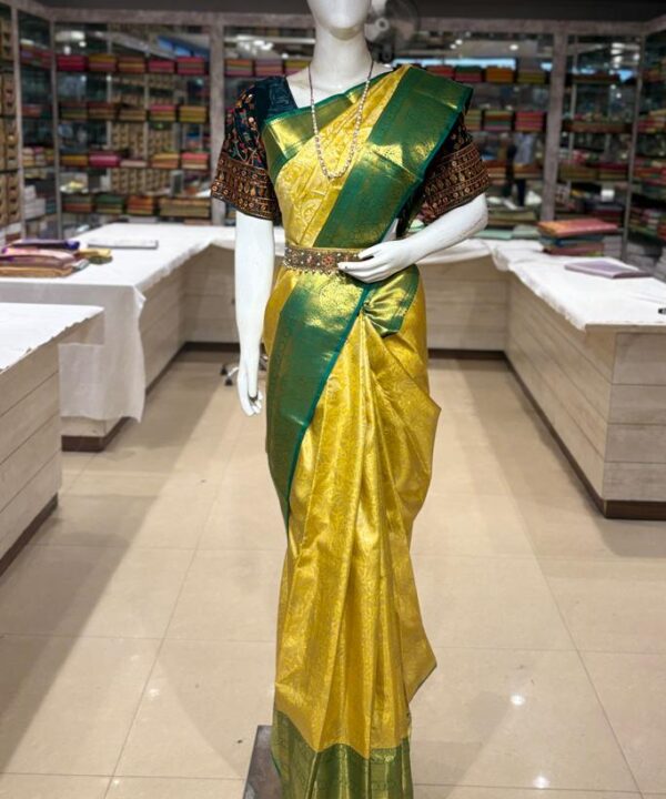 Mustard Yellow Kanjivaram Silk Saree with Traditional Green Contrast