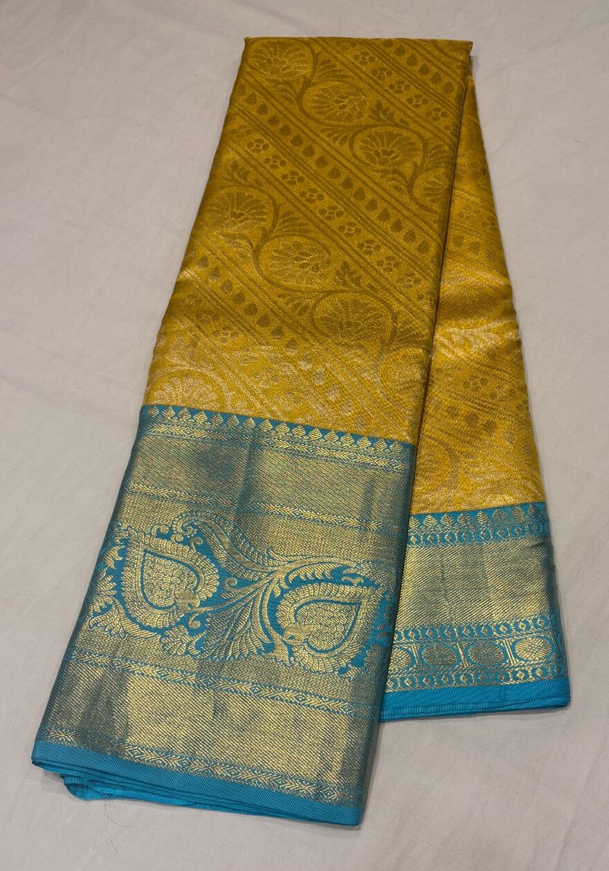 Yellow & Gold Pure Silk Saree with Turquoise Blue Border - Image 3