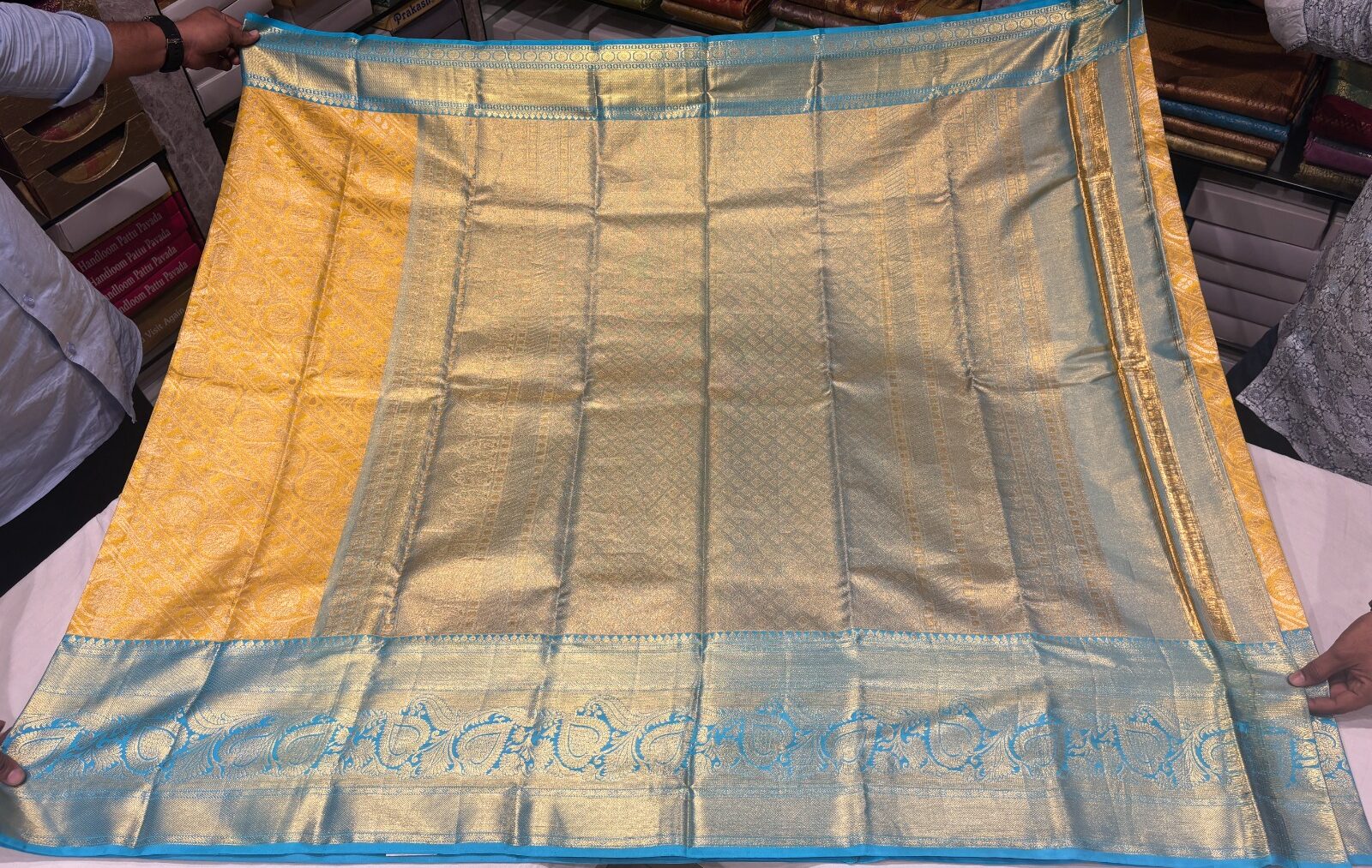 Yellow & Gold Pure Silk Saree with Turquoise Blue Border - Image 4