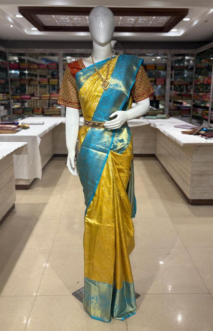 Yellow & Gold Pure Silk Saree with Turquoise Blue Border