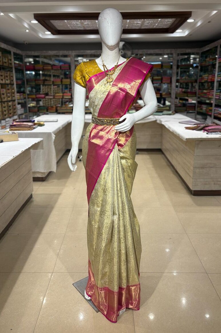 Cream & Gold Pure Silk Saree with Hot Pink Kanjivaram Border