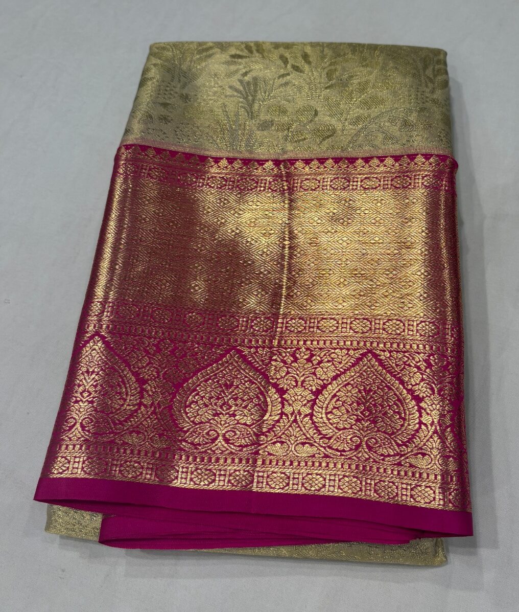 Cream & Gold Pure Silk Saree with Hot Pink Kanjivaram Border - Image 2