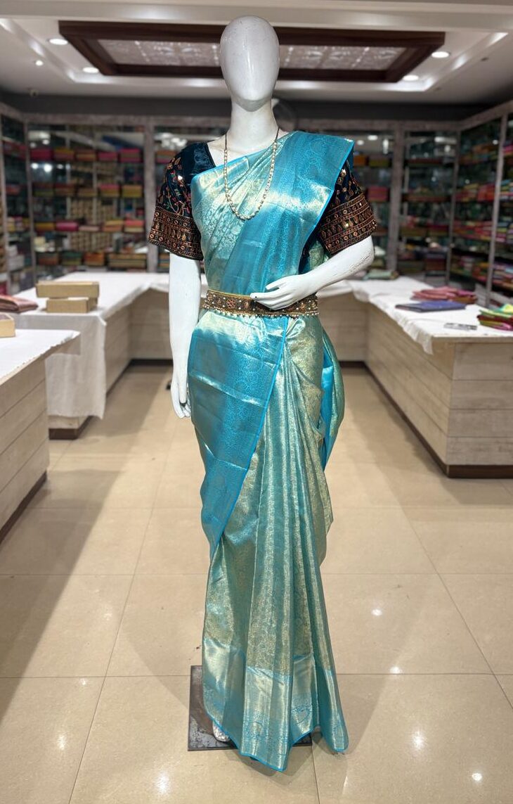 Ethereal Aqua Blue Pure Silk Saree with All-Over Zari Brocade