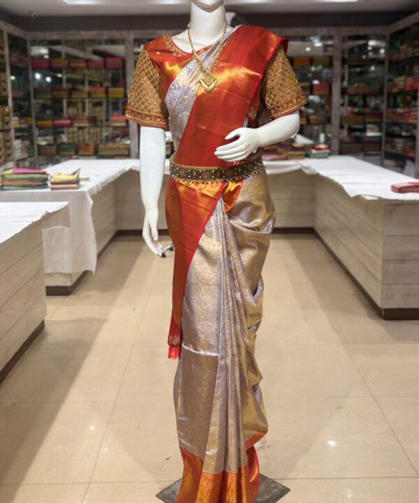 Ivory White & Gold Zari Silk Saree with Traditional Red-Orange Border
