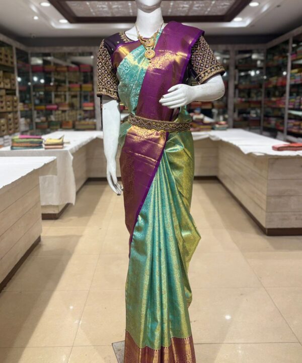 Sea Green & Gold Dual Tone Silk Saree with Rich Magenta Border