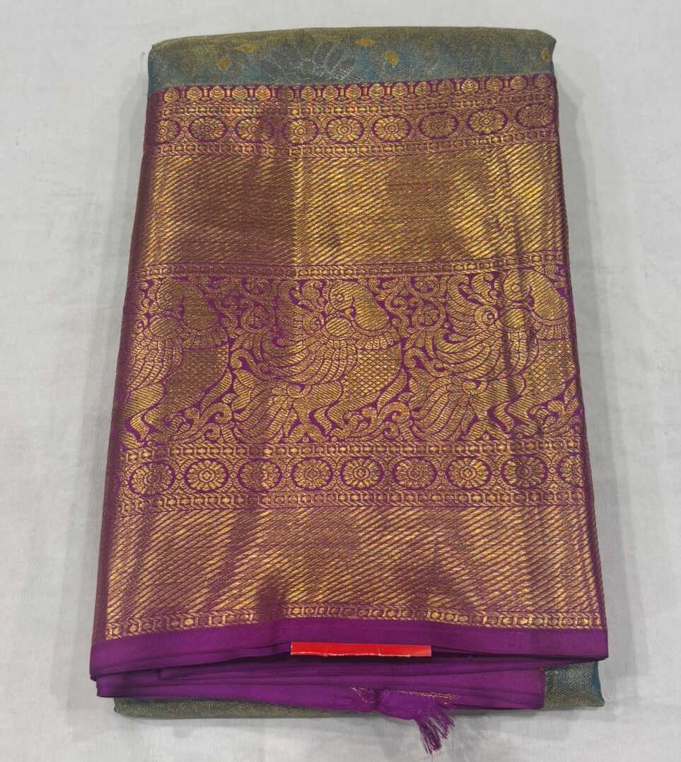 Aqua Blue & Gold Dual Tone Pure Silk Saree with Magenta Border - Image 2