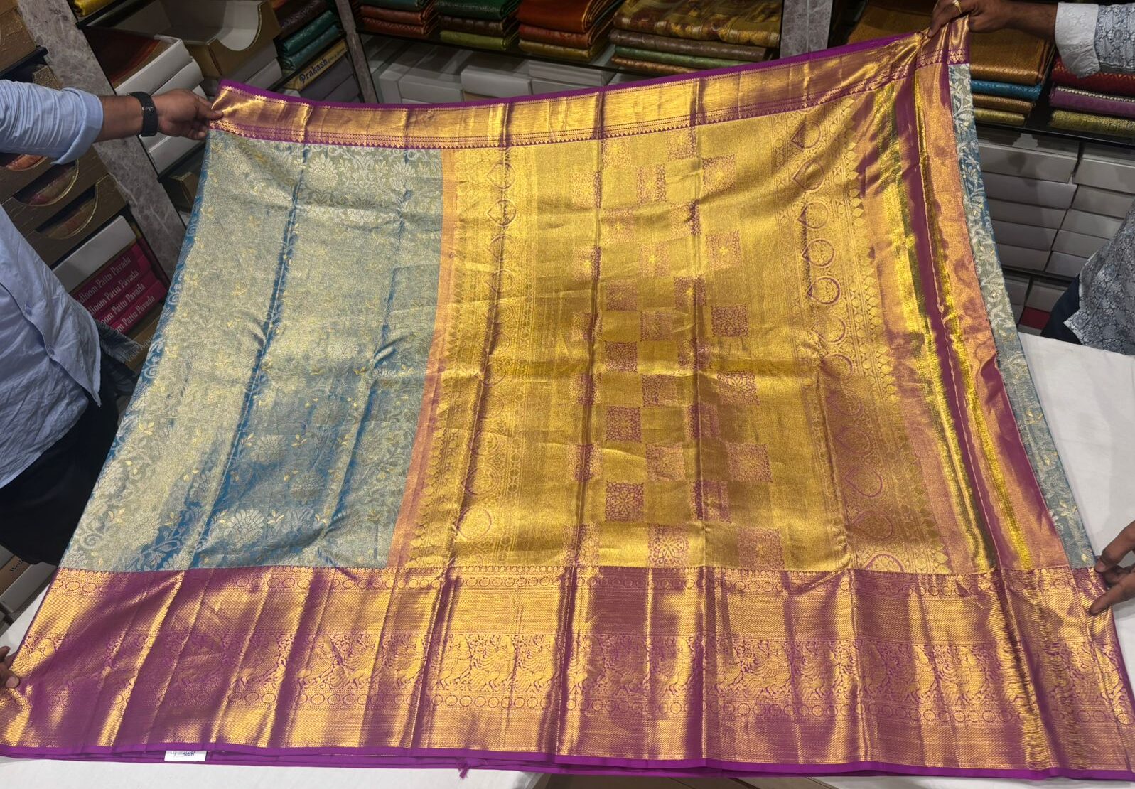 Aqua Blue & Gold Dual Tone Pure Silk Saree with Magenta Border - Image 4