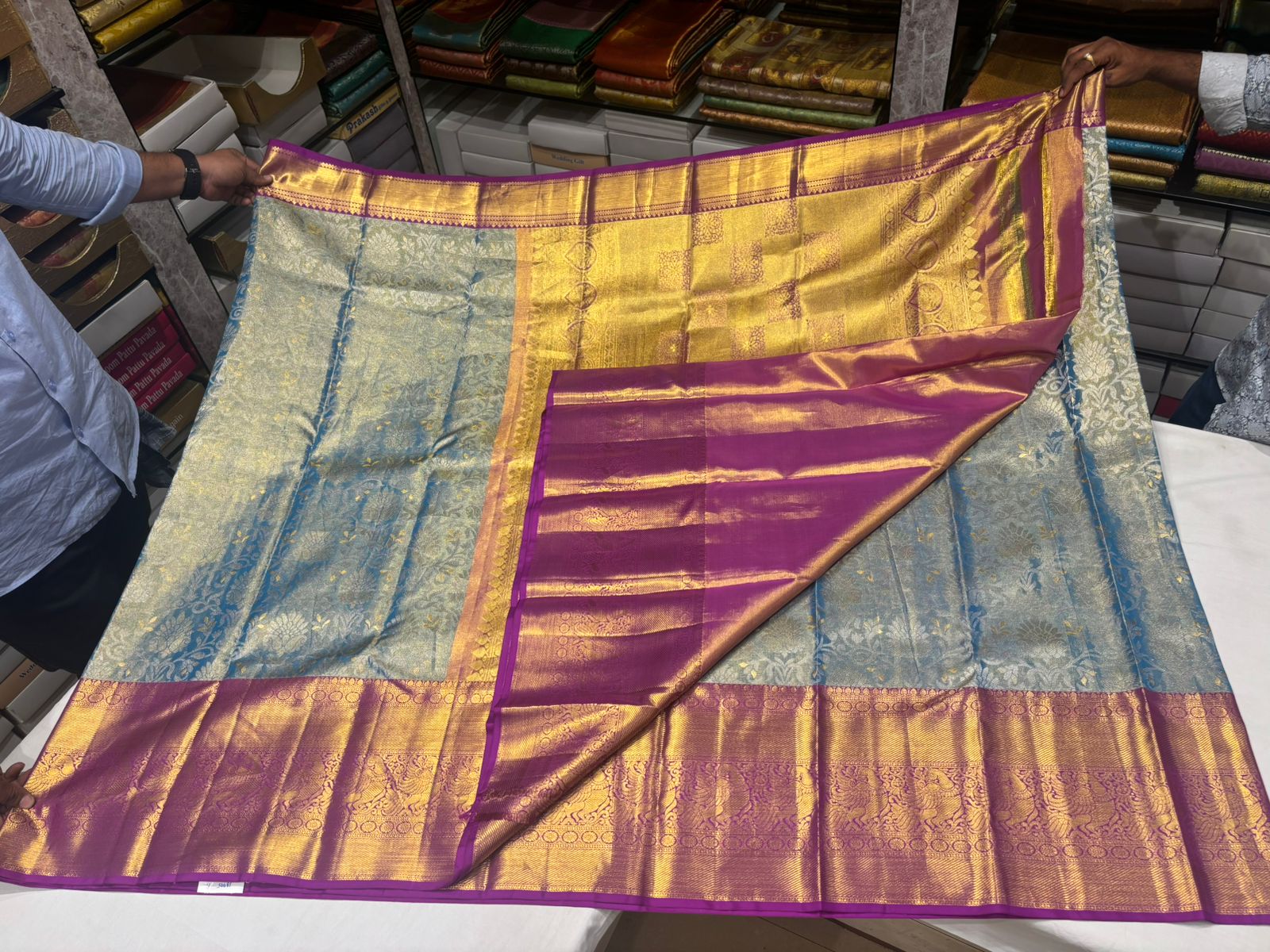 Aqua Blue & Gold Dual Tone Pure Silk Saree with Magenta Border - Image 5