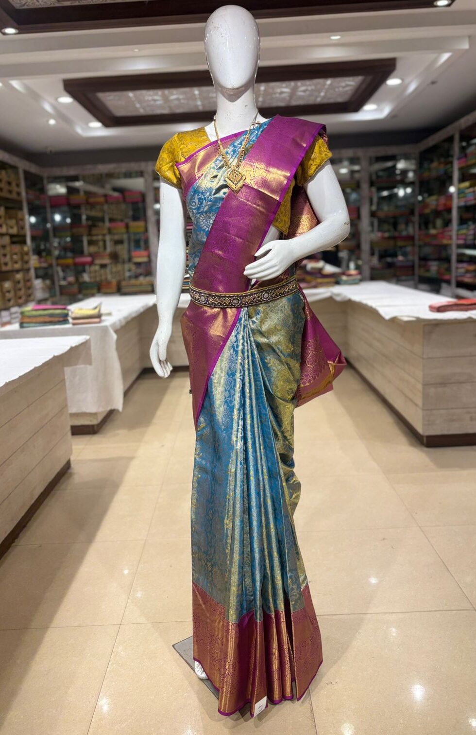 Aqua Blue & Gold Dual Tone Pure Silk Saree with Magenta Border