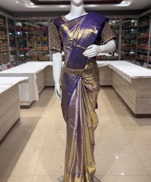 Majestic Golden Kanchipuram Silk Saree with Royal Violet Zari Border