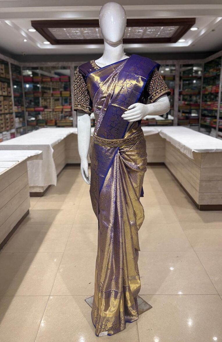 Majestic Golden Kanchipuram Silk Saree with Royal Violet Zari Border