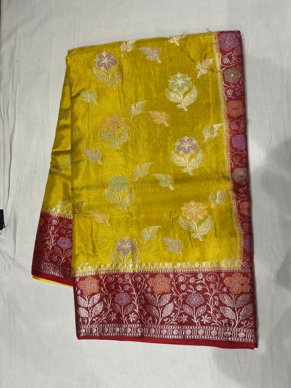 Vibrant Haldi Yellow Banarasi Saree with Red Contrast and Heavy Silver Zari Brocade Pallu