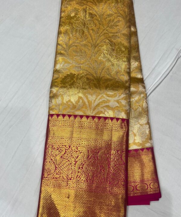 Luxurious Gold Brocade Kanjivaram Saree with Contrast Rani Pink Border and Pallu
