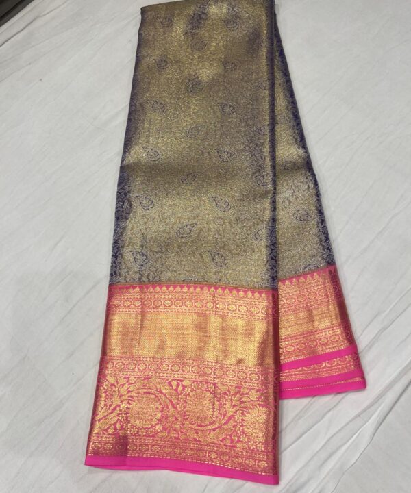 Elegant Violet and Pink Kanchipuram Silk Saree with Golden Zari Floral Border
