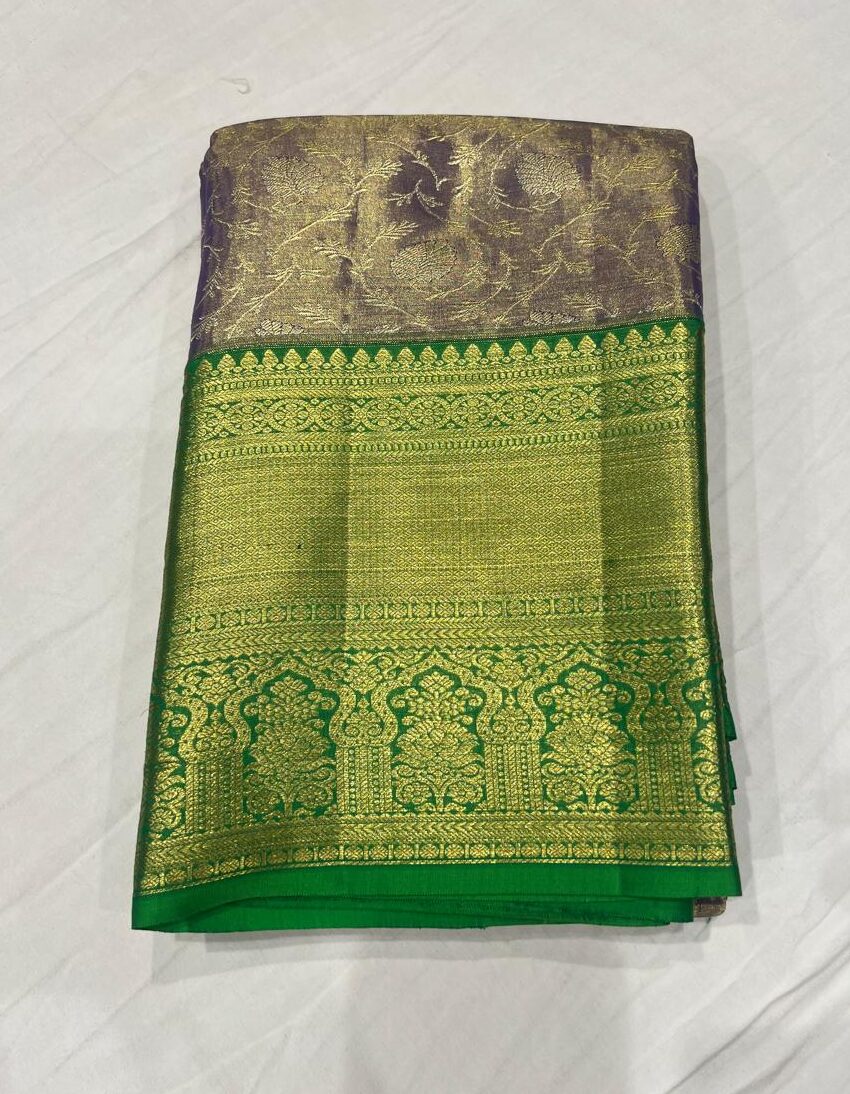 Regal Dual-Tone Violet and Gold Kanjivaram Silk Saree with Contrast Green Pattu Border - Image 2