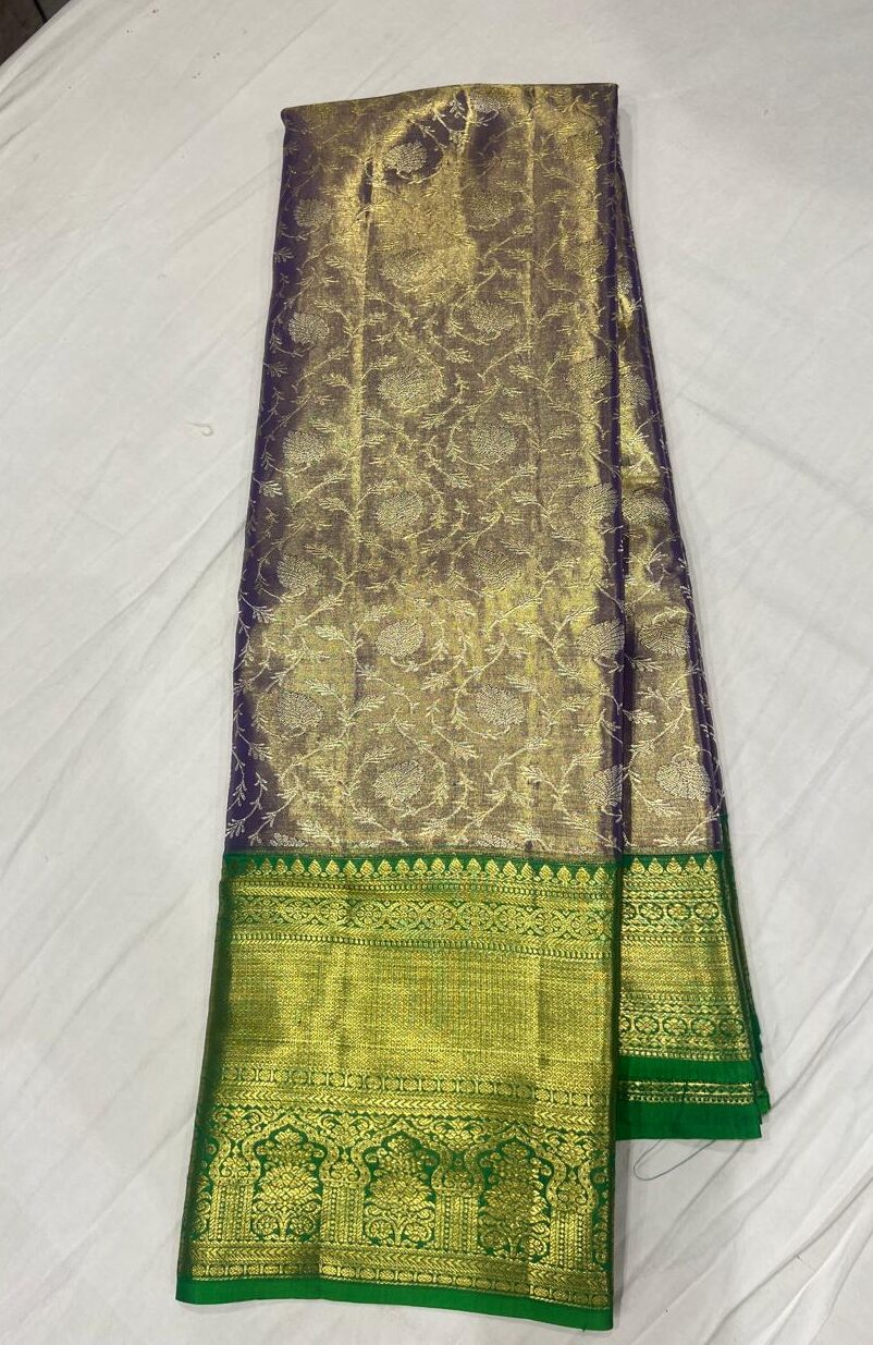 Regal Dual-Tone Violet and Gold Kanjivaram Silk Saree with Contrast Green Pattu Border