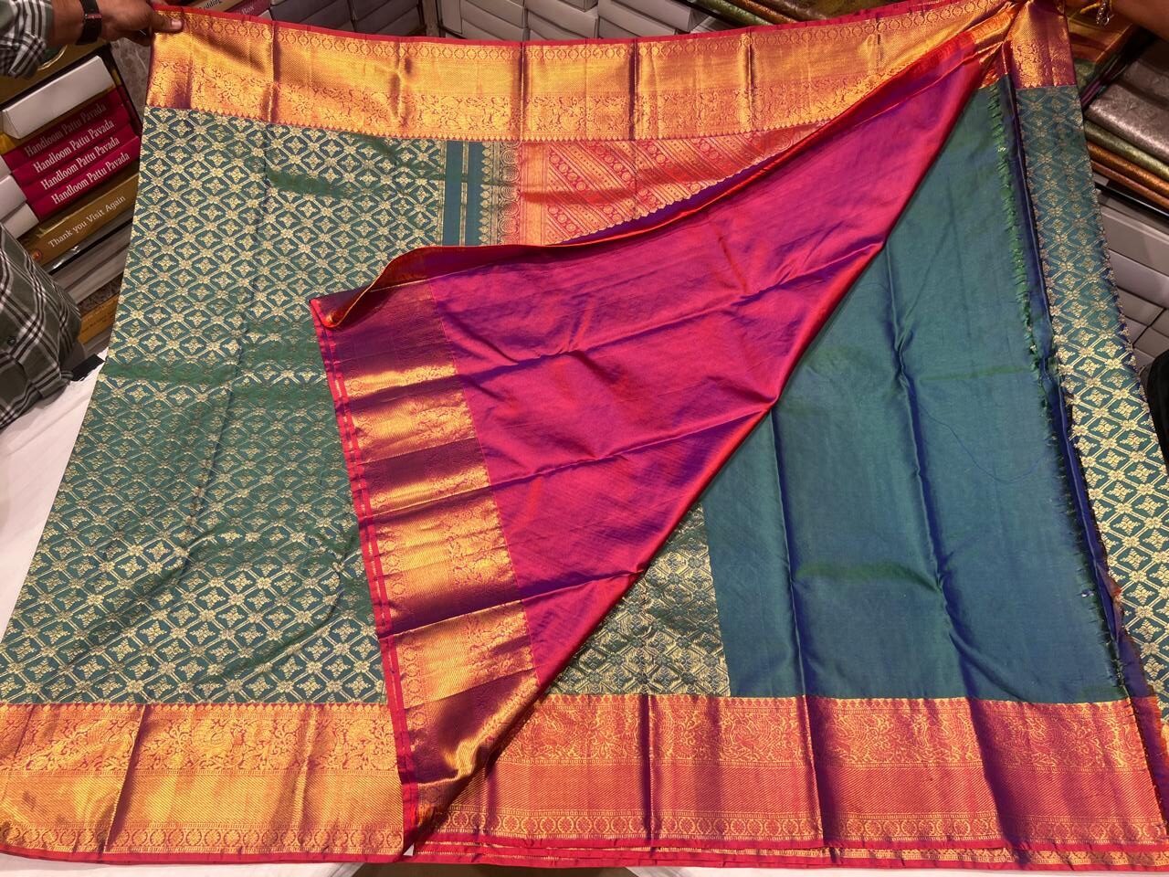 Traditional Bottle Green Kanjivaram Silk Saree with Rich Red & Gold Zari Border - Image 5