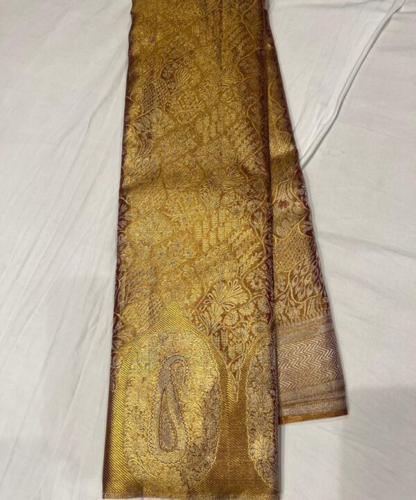 Royal Meroon Gold Silk Saree with Intricate Paisley & Floral Zari Weaving