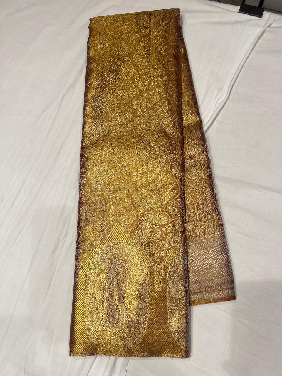Royal Meroon Gold Silk Saree with Intricate Paisley & Floral Zari Weaving
