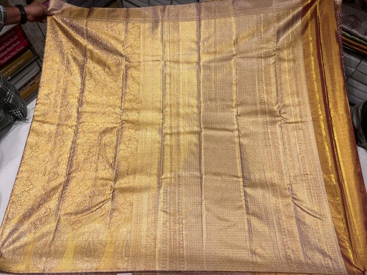 Royal Meroon Gold Silk Saree with Intricate Paisley & Floral Zari Weaving - Image 4