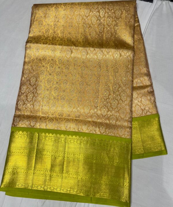 Traditional Kanjivaram Style Light Gold and Neon Green Silk Saree
