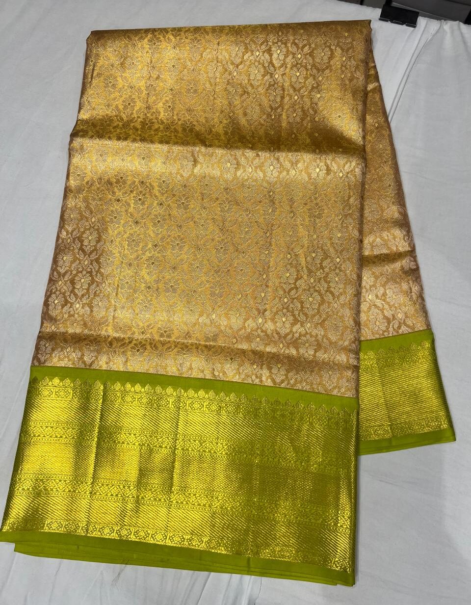 Traditional Kanjivaram Style Light Gold and Neon Green Silk Saree