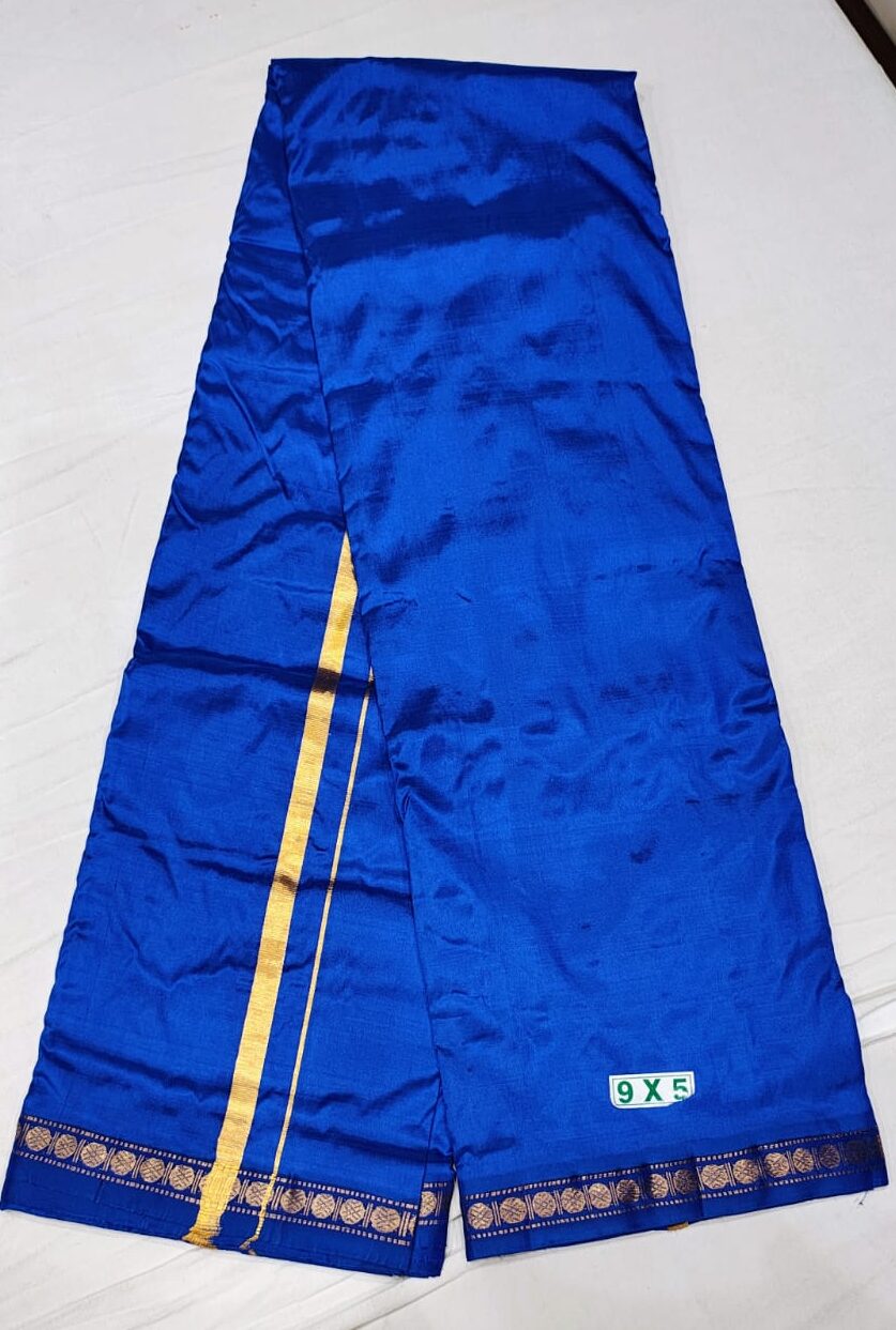 Regal Royal Blue Pure Silk Dhoti with Traditional Gold Border (9×5) - Image 3