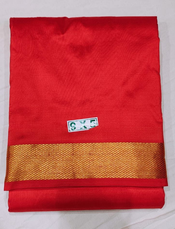 Traditional Pure Silk Red Dhoti with Heavy Gold Zari Border (9×5)