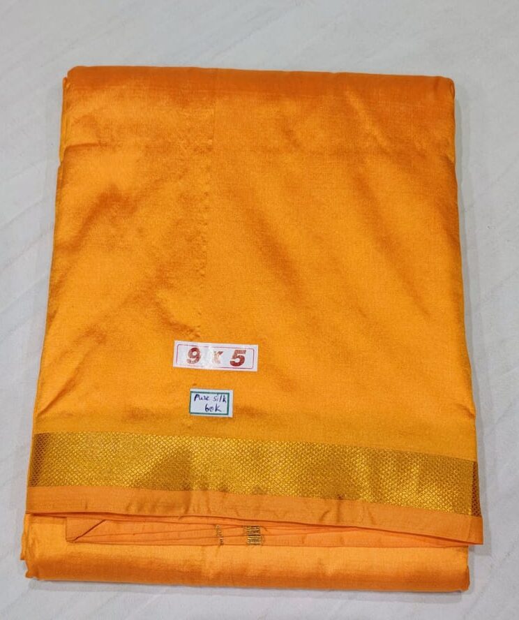Authentic Pure Silk Orange Dhoti with Gold Zari Border