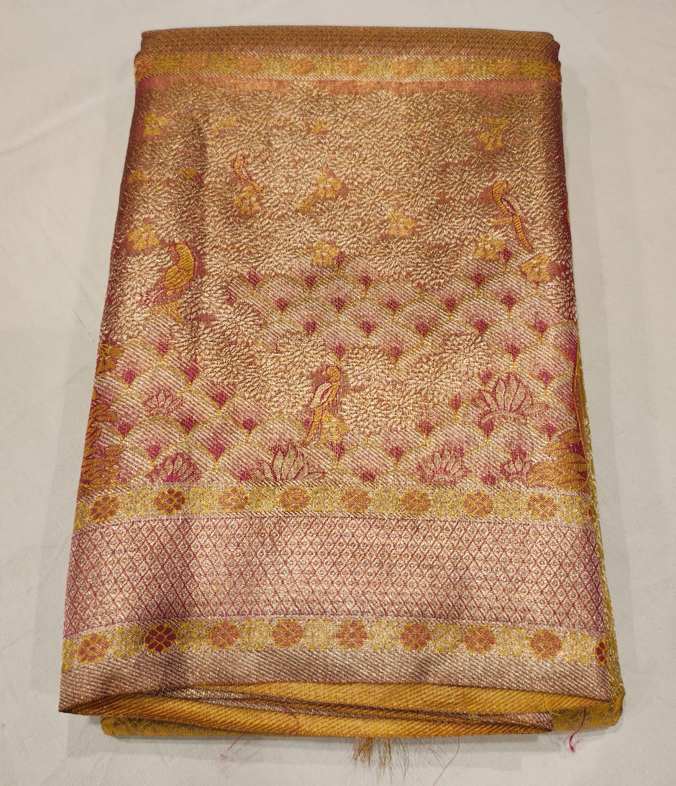 Golden Mustard Kanchee Silk Saree with Pink Zari Peacock and Floral Weaving - Image 2