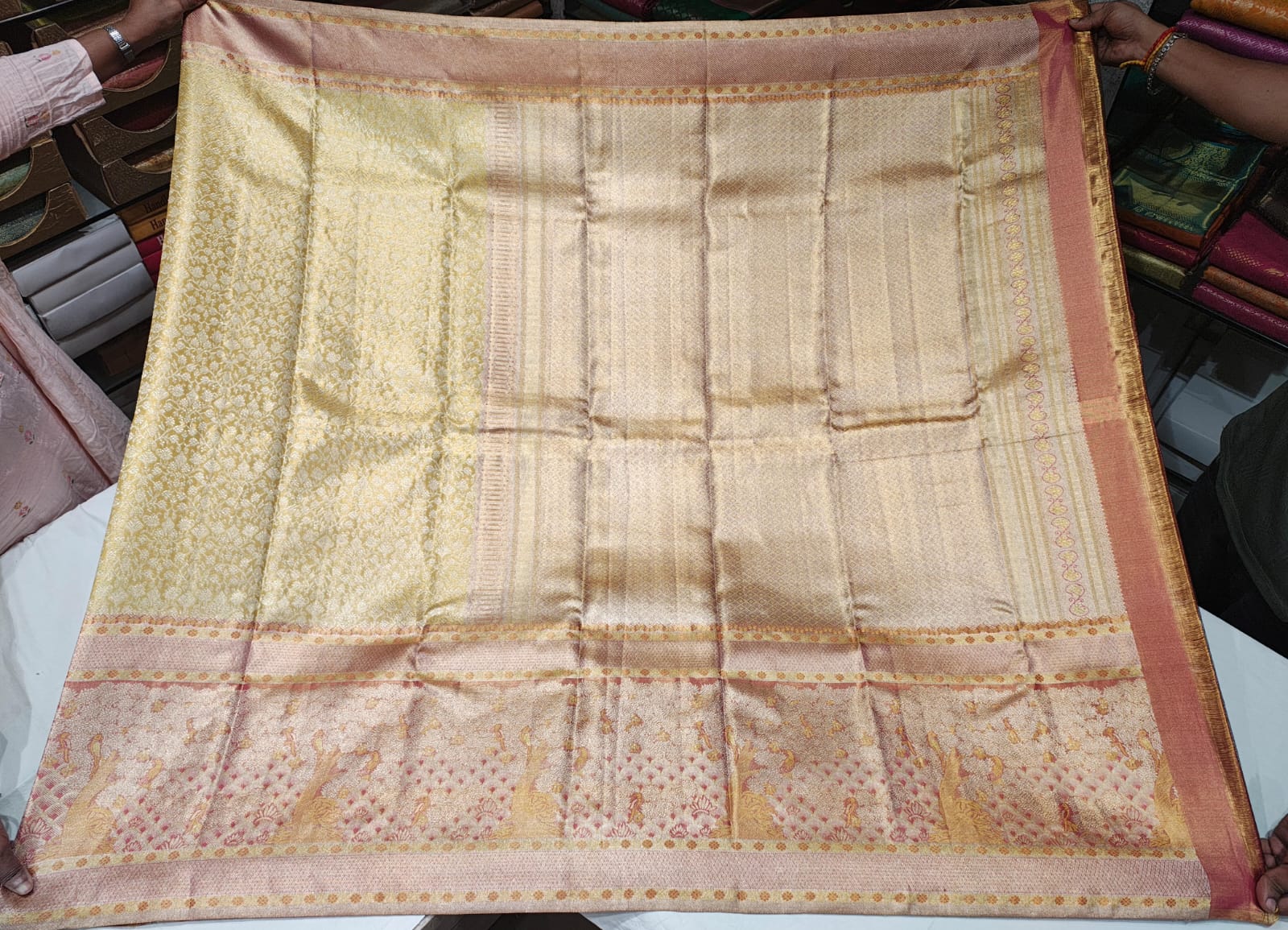 Golden Mustard Kanchee Silk Saree with Pink Zari Peacock and Floral Weaving - Image 4