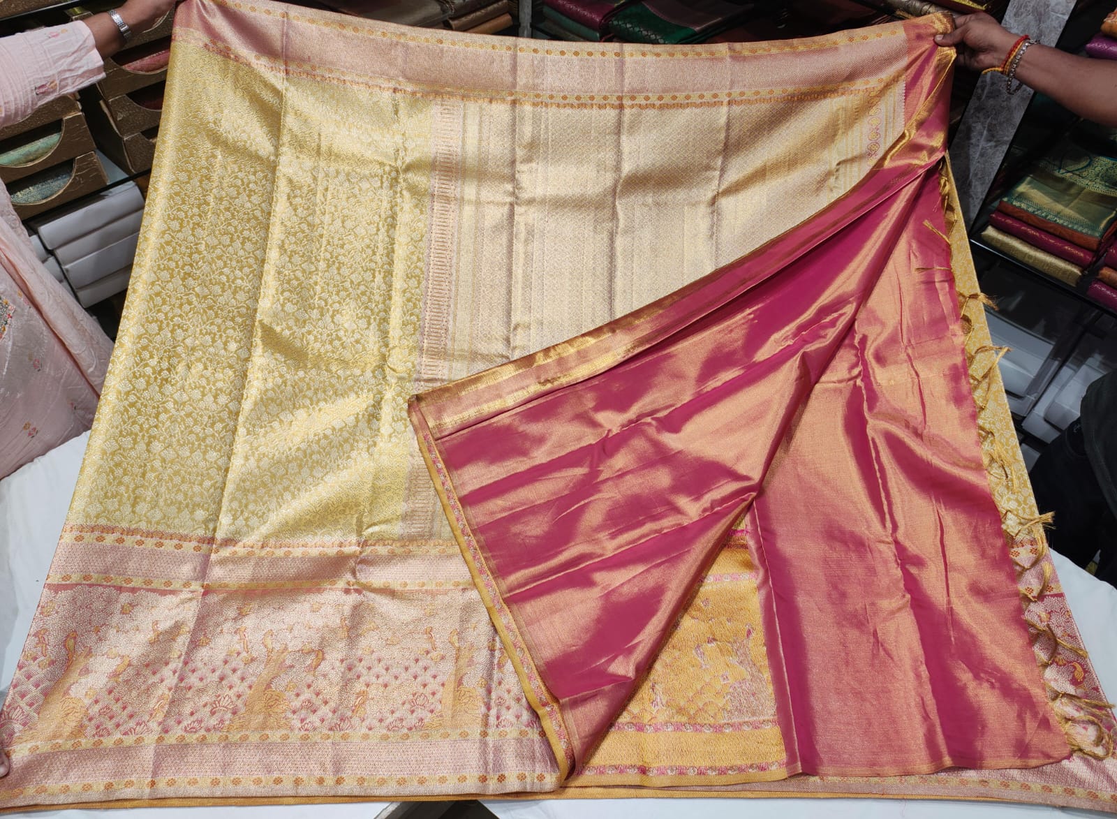 Golden Mustard Kanchee Silk Saree with Pink Zari Peacock and Floral Weaving - Image 5