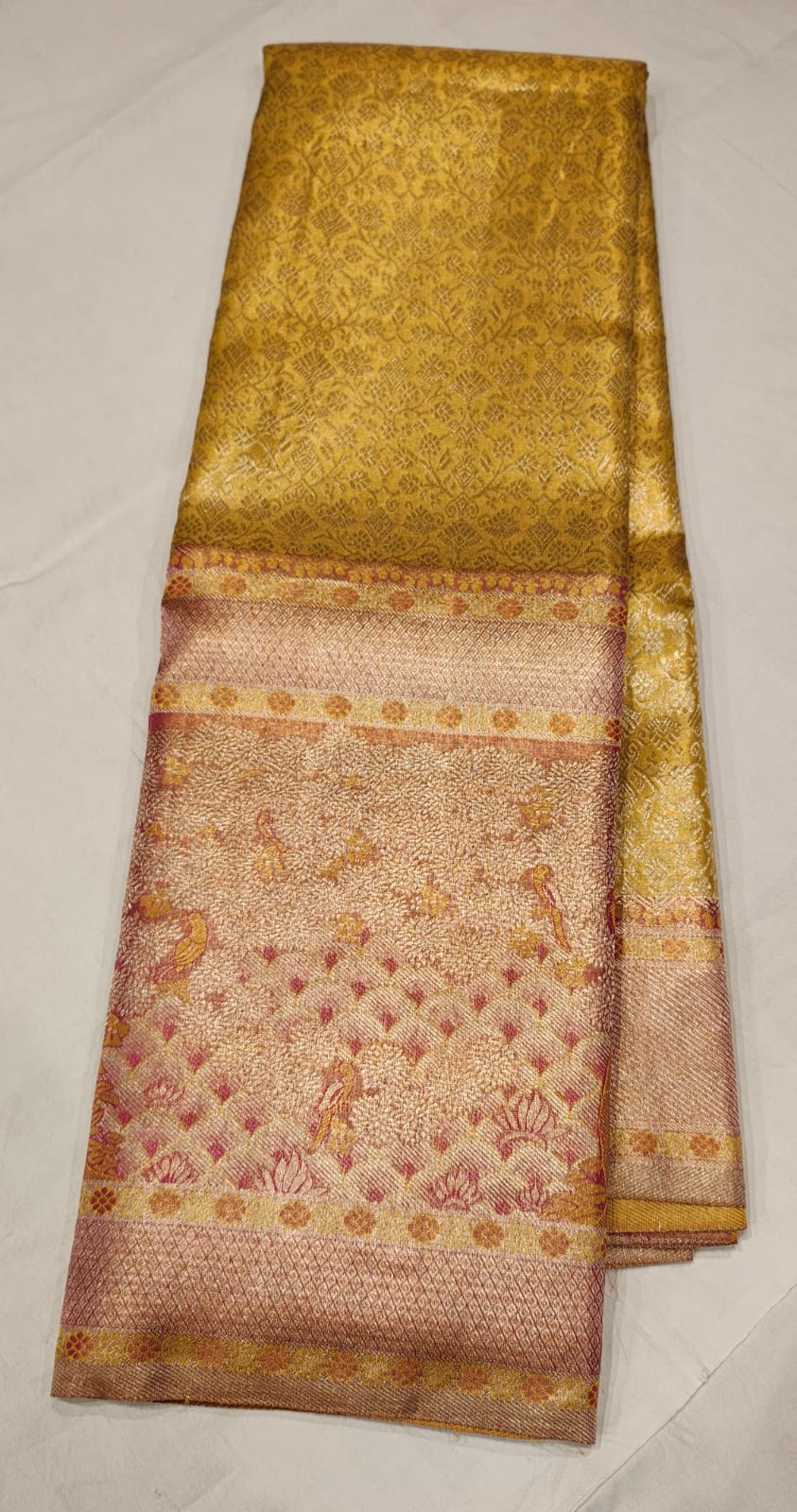 Golden Mustard Kanchee Silk Saree with Pink Zari Peacock and Floral Weaving