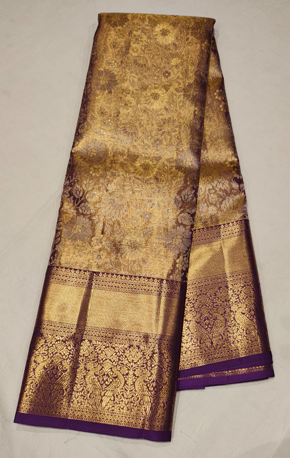 Elegant Golden Kanchipuram Silk Saree with Purple Zari Border and Floral Weaving