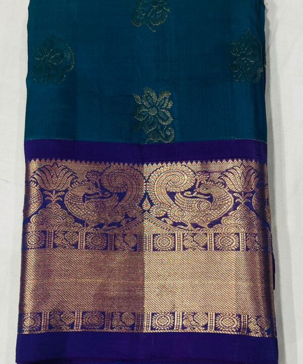 Teal Green and Purple Kanjivaram Silk Saree with Golden Zari Weaving and Rich Pallu