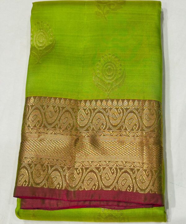 Lime Green and Pink Kanjivaram Silk Saree with Golden Zari Weaving and Rich Traditional Pallu